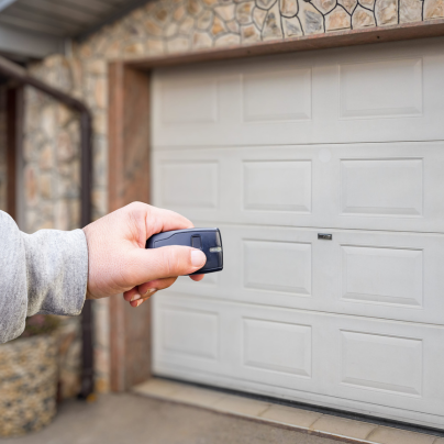 Dayton security key fob pointing to a garage door