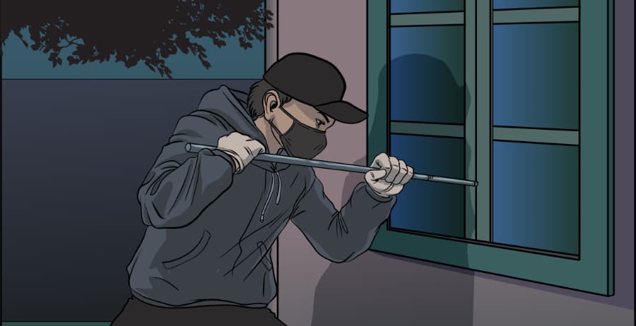 Illustration of burglar forcing entry through a window in Dayton